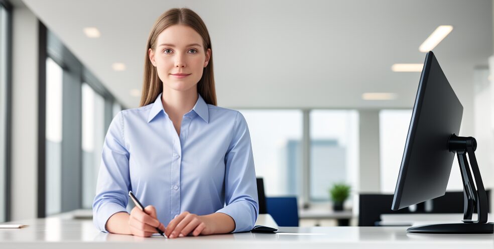 woman with brown hair and light complexion sitting at a desk, holding a pen.