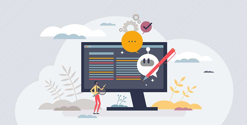 Illustration of a person standing near a large computer monitor displaying code, with a chatbot icon and a red pen above it, surrounded by clouds and plant elements.