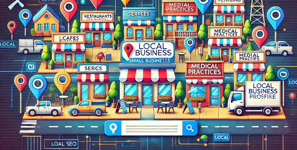 image in cartoon style of local businesses and map icons representing Local SEO use cases.