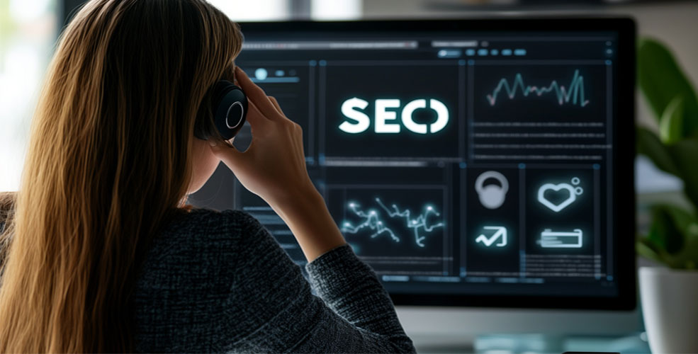 A person with headphones looks at a computer screen displaying SEO-related graphics and data charts.
