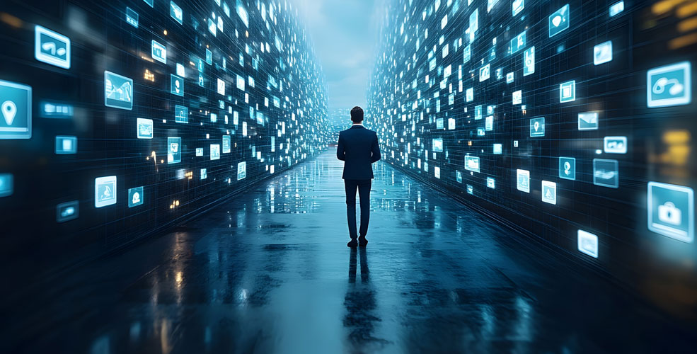 A person in a suit stands in a corridor lined with digital screens displaying various app icons and data against a futuristic, blue-lit background.