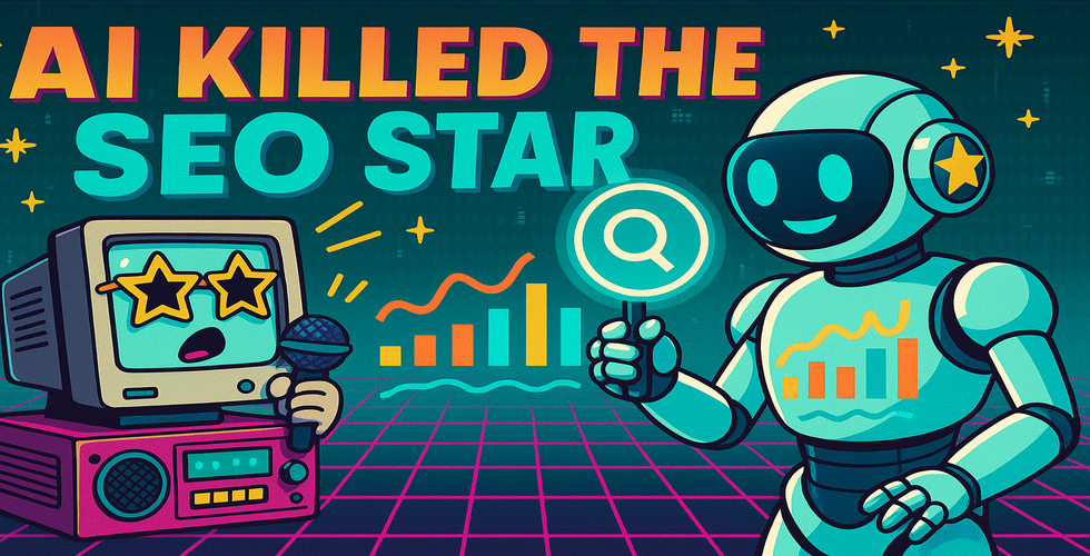 Cartoon of a retro computer singing with a microphone and a robot holding a search icon, with the text “AI KILLED THE SEO STAR” above colorful data charts.