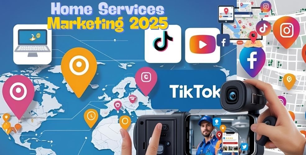 A collage showing a world map, location pins, social media icons, a video camera filming a technician, and the text "Home Services Marketing 2025.