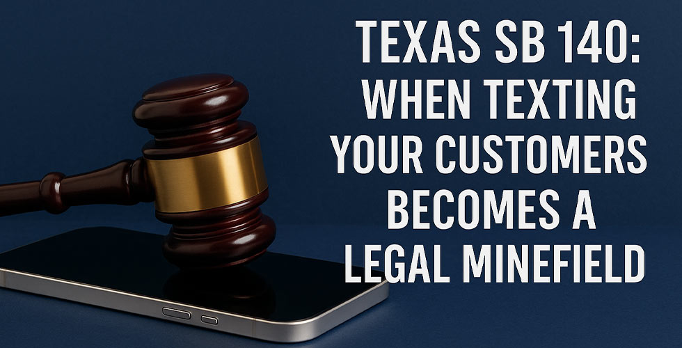 A judge’s gavel rests on a smartphone next to the text: “Texas SB 140: When texting your customers becomes a legal minefield.”.