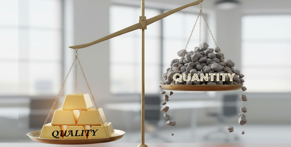 A balance scale with gold bars labeled "Quality" outweighing a pile of rocks labeled "Quantity" in an office setting.
