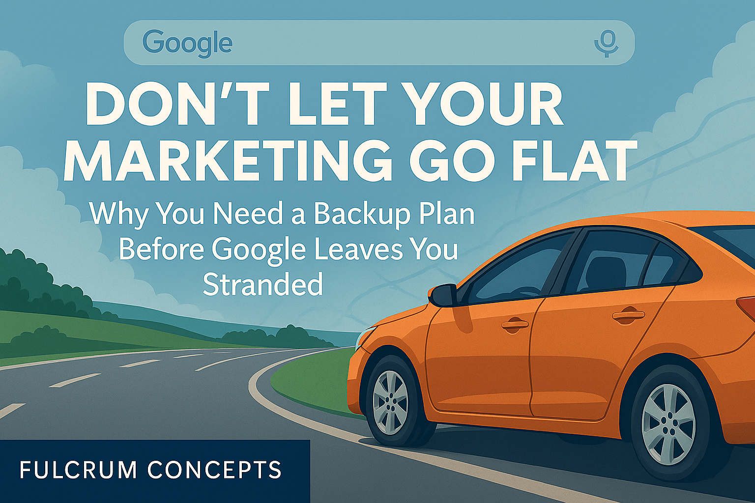 An orange car is parked on the side of a rural road, with the text: "Don't let your marketing go flat. Why you need a backup plan before Google leaves you stranded.