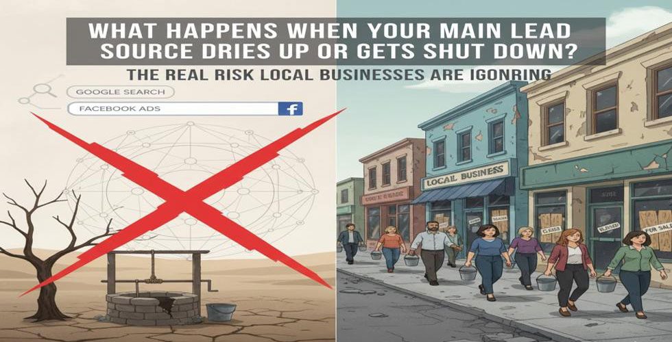 Split image: left shows a dried landscape with crossed-out Google and Facebook icons; right shows a busy street with open local businesses and people walking.