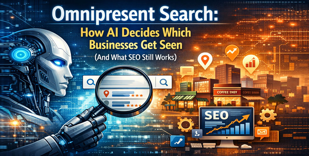A robotic figure holds a magnifying glass over search results, with icons of businesses and SEO elements surrounded by digital graphics and text about AI and search visibility.