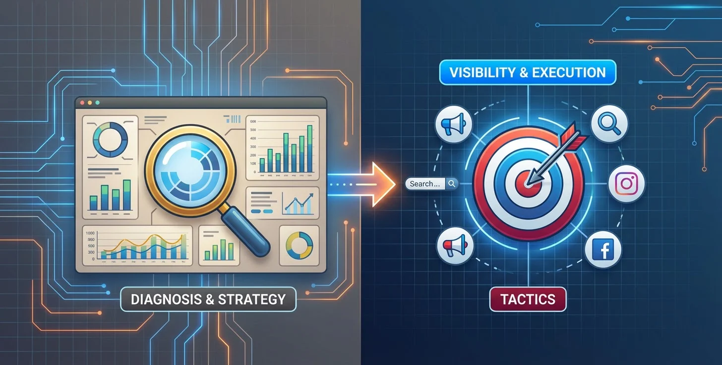 Split image showing "Diagnosis & Strategy" with analytics icons on the left, and "Tactics" with a target and social media icons on the right, linked by an arrow labeled "Search.
